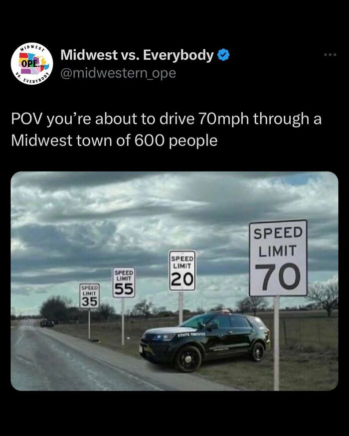 State trooper car by changing Midwest speed limit signs: 35, 55, 20, 70 mph on rural road.