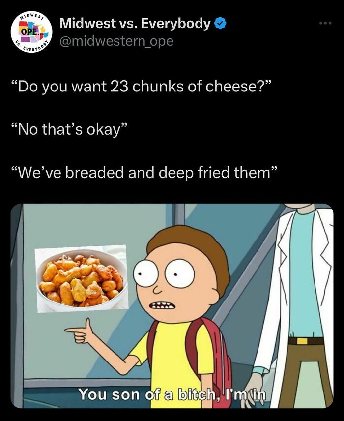 Cartoon character enthusiastically agrees to deep-fried cheese offer, capturing Midwest culture humor.