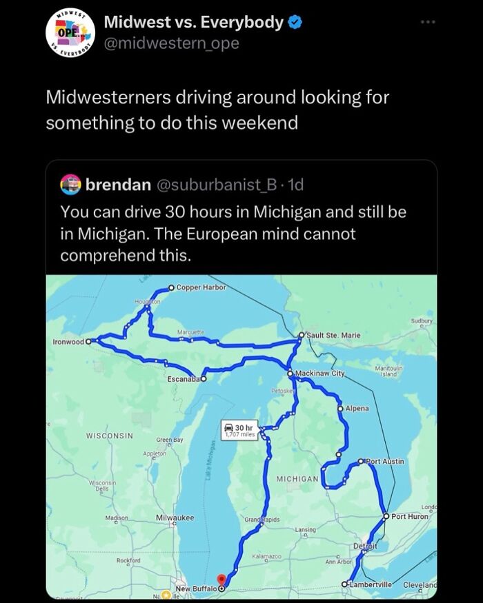 Midwest road trip map highlighting a 30-hour route around Michigan, showcasing the region's vastness and unique travel experiences.