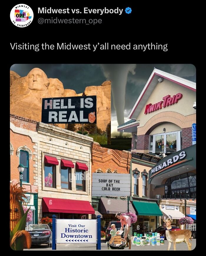 Collage depicting Midwest culture with landmarks, a tornado, Kwik Trip, Menards, and humorous signs.