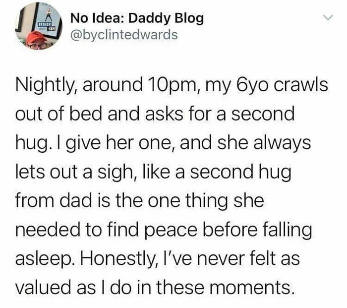 A random tweet about a bedtime hug request from a child, expressing the dad’s feelings of being valued.