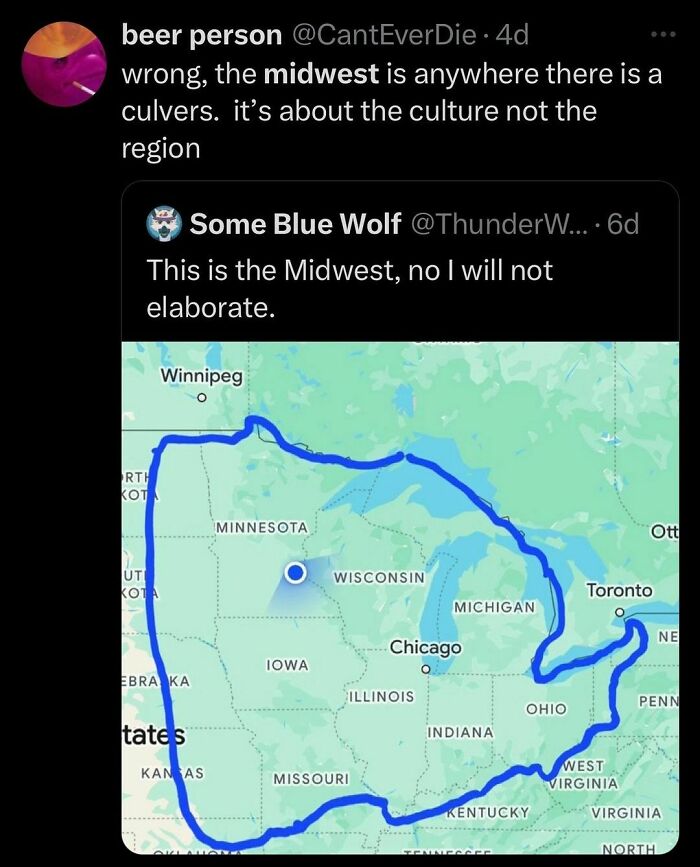 Twitter post humorously defining the Midwest with a map outline, highlighting cultural over regional identity.