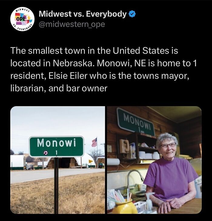 Midwest small town Monowi sign and its sole resident, an elderly woman smiling indoors.