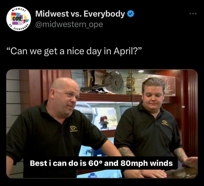 Two men discussing Midwest weather in April with a humorous caption about unpredictable conditions.