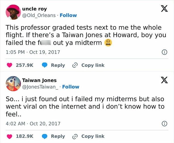 Two hilarious random tweets about a failed midterm, one viral on the internet.