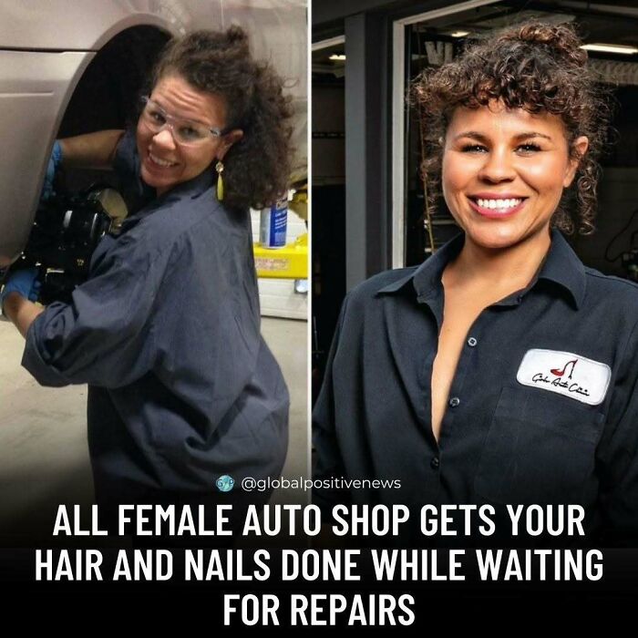 Female mechanic smiling, offering hair and nail services during car repairs for uplifting, positive experience.