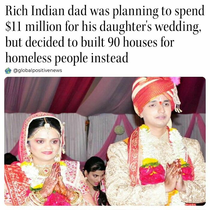 Indian couple in traditional wedding attire with text about building homes for the homeless.