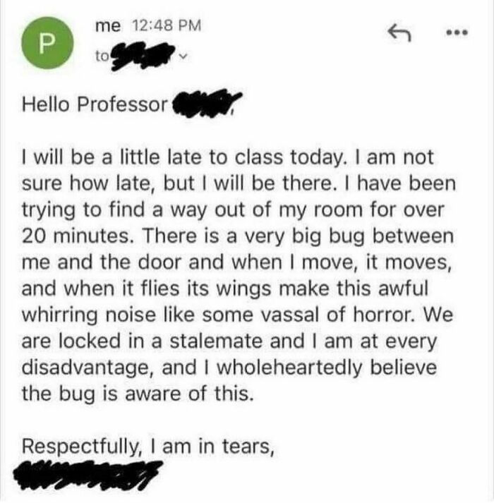 Funny email about being late to class due to a standoff with a large bug, part of a collection of 76 hilarious tweets.