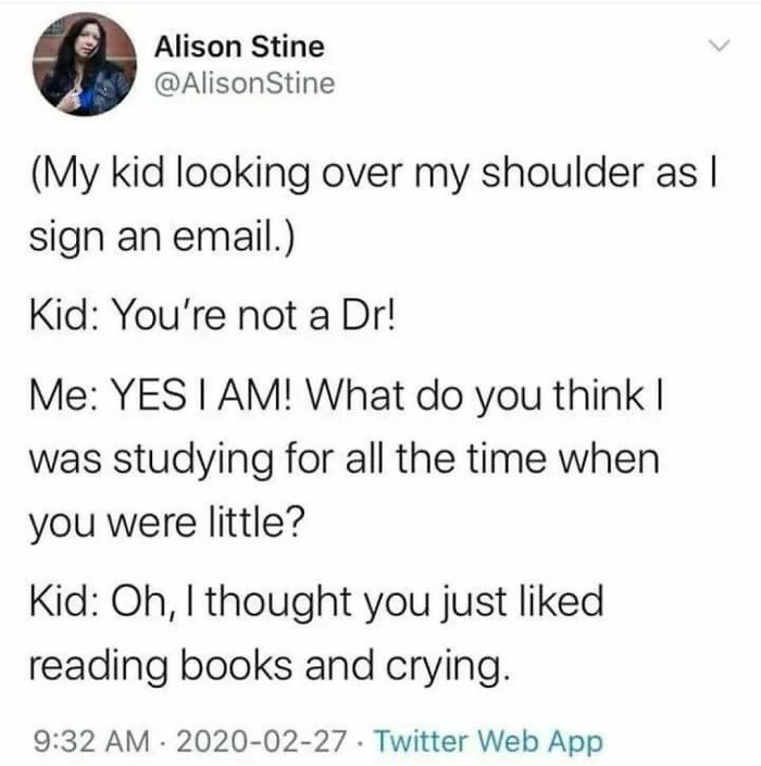 Tweet excerpt: A hilarious parent-kid conversation about being a doctor and reading books.