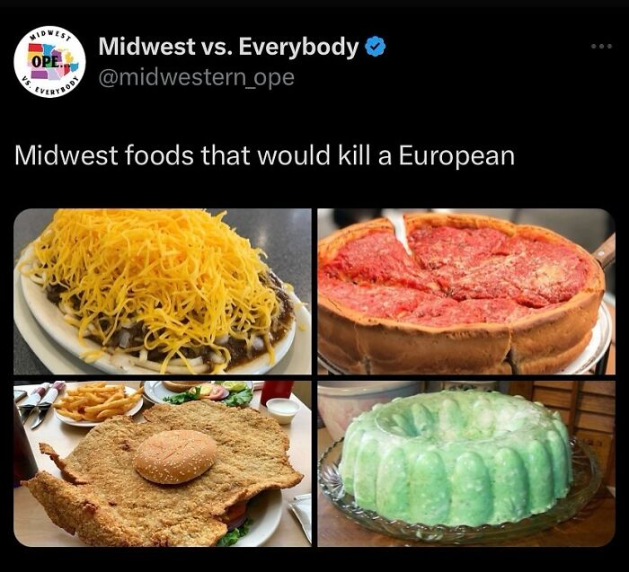 Midwest foods including chili with cheese, deep-dish pizza, oversized pork tenderloin sandwich, and green Jell-O salad.