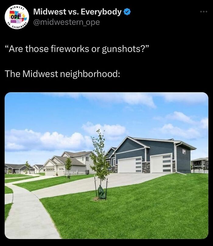 The Midwest neighborhood with modern houses and green lawns under a blue sky.