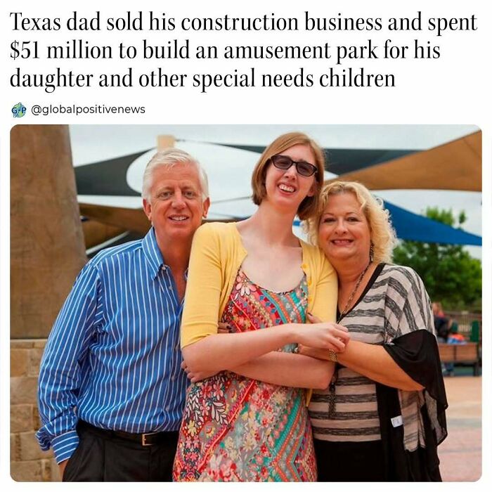 Family smiling together at an amusement park built by a Texas dad for special needs children; uplifting stories theme.