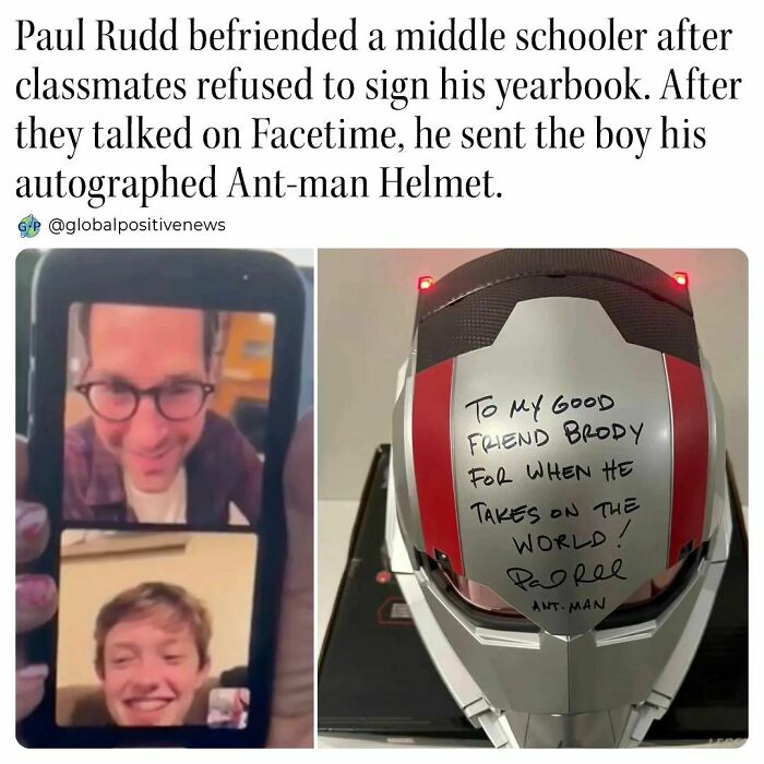 Facetime call with an uplifting story of kindness; an autographed Ant-Man helmet gifted to a middle schooler.