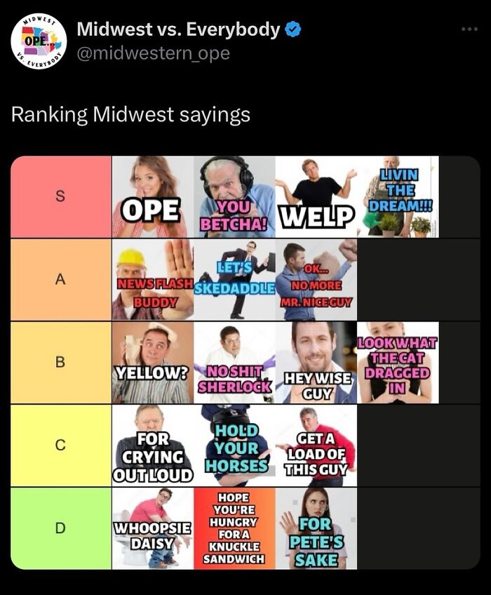 Chart showing Midwest sayings ranked from S to D, featuring phrases like "Ope," "You Betcha," and "For Pete's Sake."