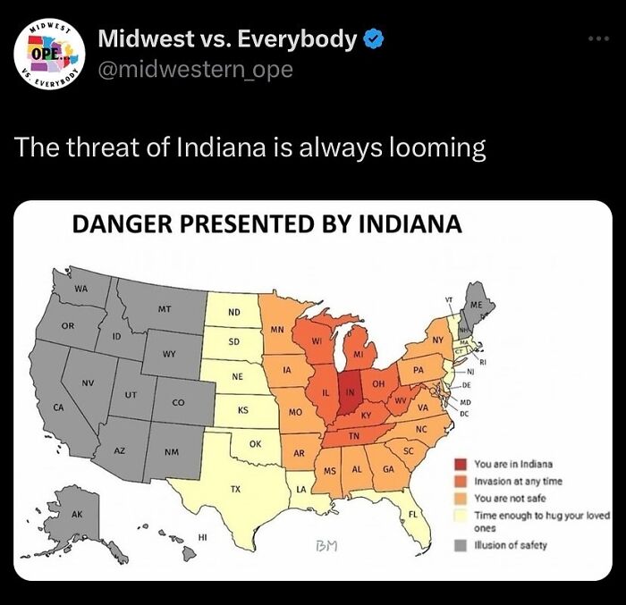 Map humorously showing Indiana's "danger" in the Midwest, highlighting varying threat levels with colors.