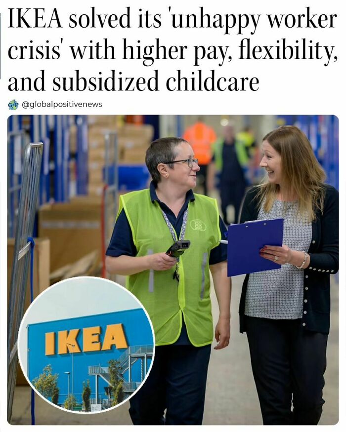 IKEA employees smiling, discussing improvements with higher pay and benefits; uplifting workplace story.