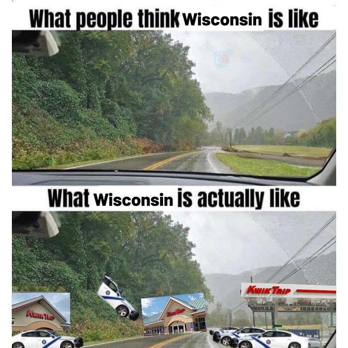 Road view with text comparing perceptions of Wisconsin, featuring Kwik Trip and Culver's signs.