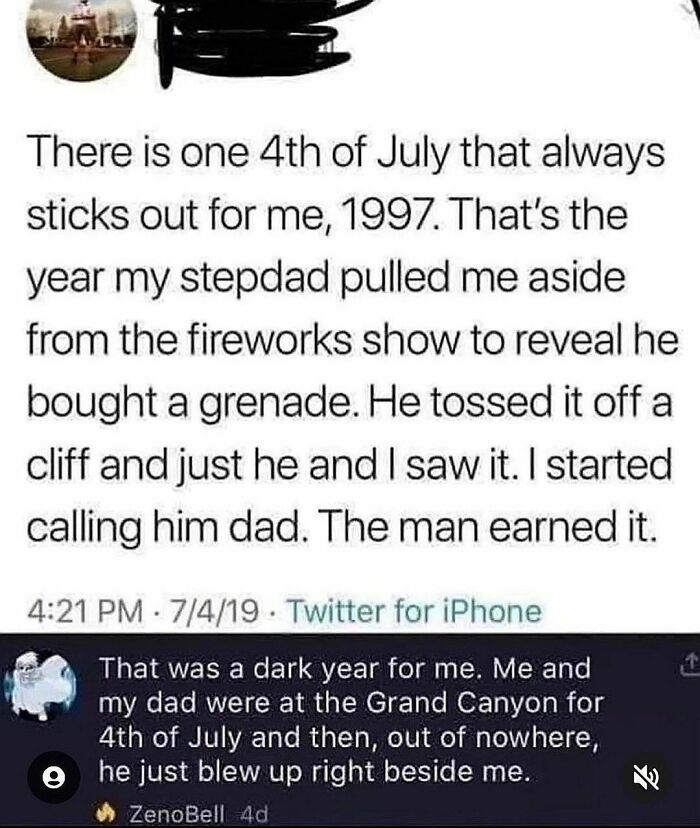 Screenshot of two random hilarious tweets about memorable 4th of July experiences involving a grenade and the Grand Canyon.