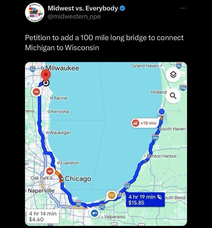 Midwest map showing a proposed 100-mile bridge connecting Michigan to Wisconsin, highlighting regional uniqueness.