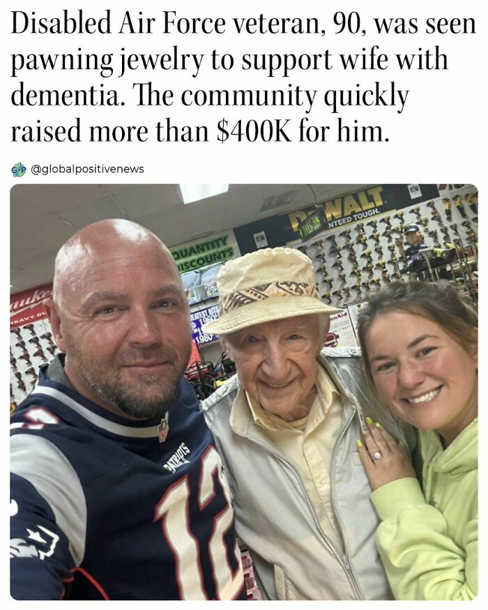 Smiling elderly veteran with supporters after community raised over $400K to help his wife’s dementia care. Uplifting stories.