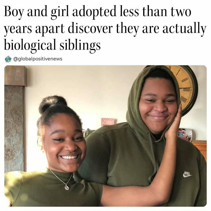 Adopted siblings reunite, smiling joyfully, wearing matching green outfits. Uplifting discovery of their true biological connection.