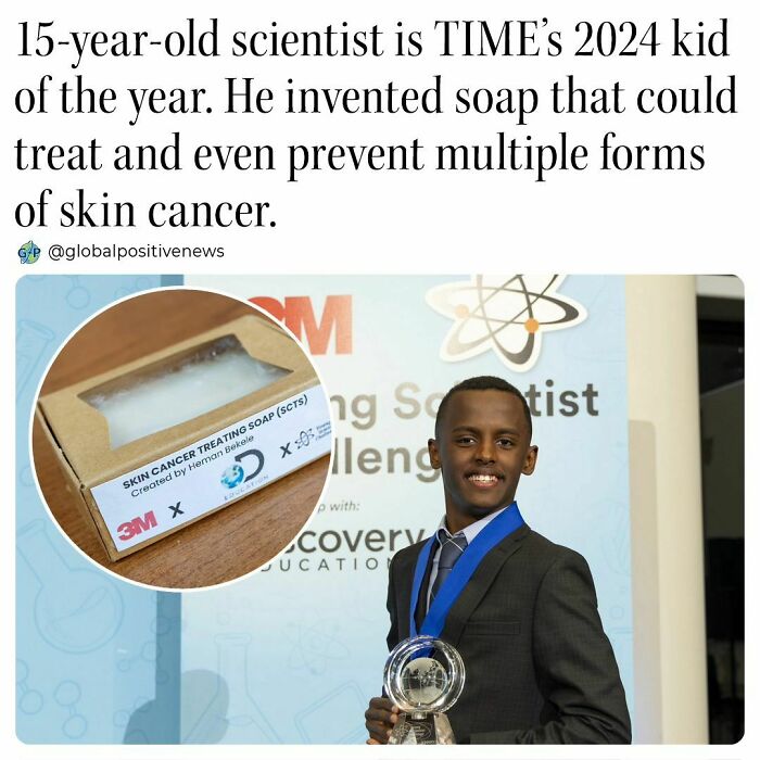 Young scientist wins award for soap invention preventing skin cancer, bringing uplifting stories to the forefront.