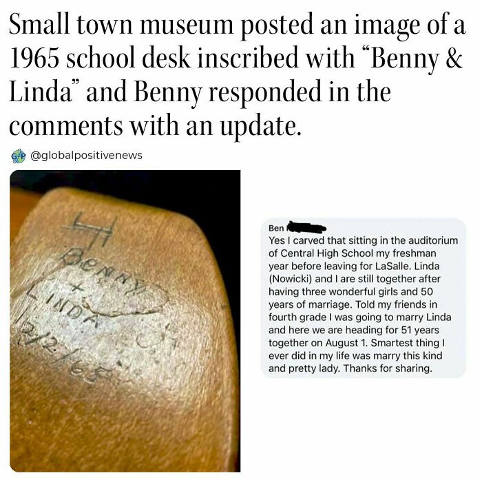 1965 school desk inscribed with "Benny & Linda," shared by a small town museum with an uplifting update from Benny.