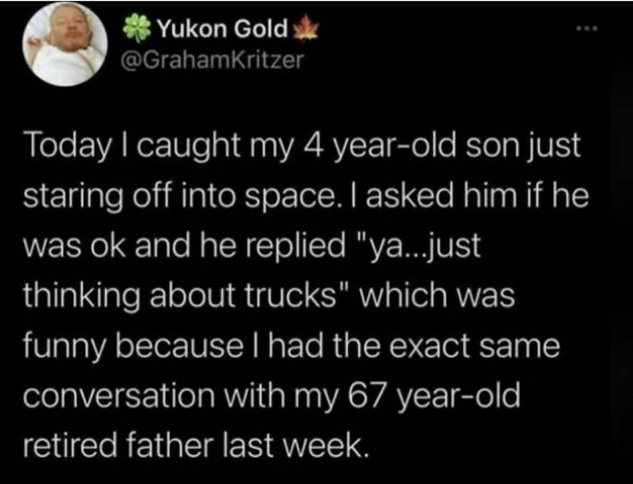 Screenshot of a random tweet about a conversation where a 4-year-old and 67-year-old both think about trucks.