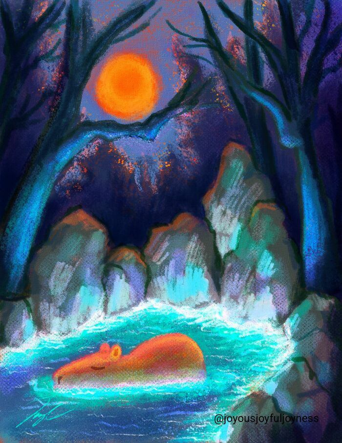 Relaxed capybara bathing under a vibrant sunset in a serene landscape painting.