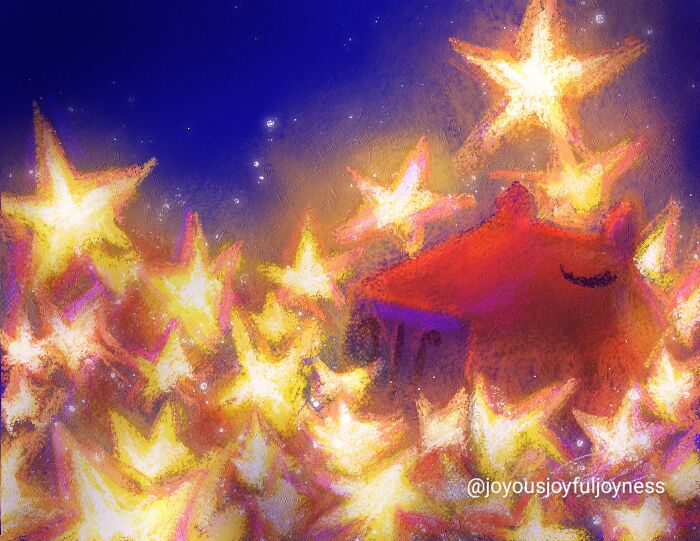 Relaxed capybara surrounded by glowing stars in calming, colorful artwork.