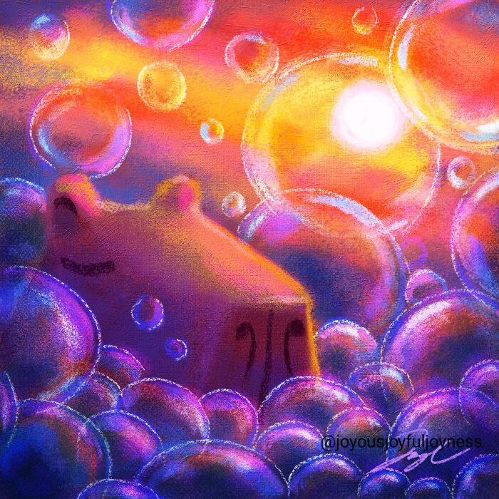 Colorful painting of a relaxed capybara surrounded by bubbles and a vibrant sunset.