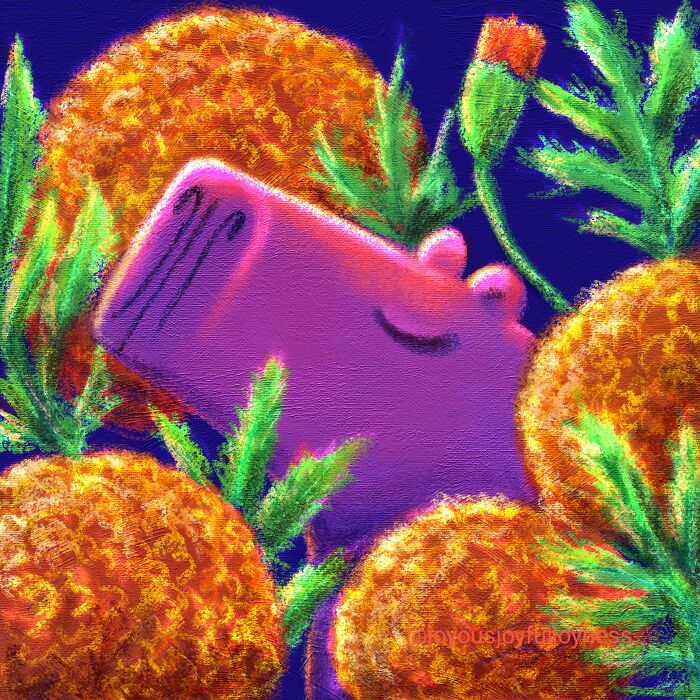 Adorable capybara painting surrounded by vibrant fruit and foliage, exuding relaxation and calm.