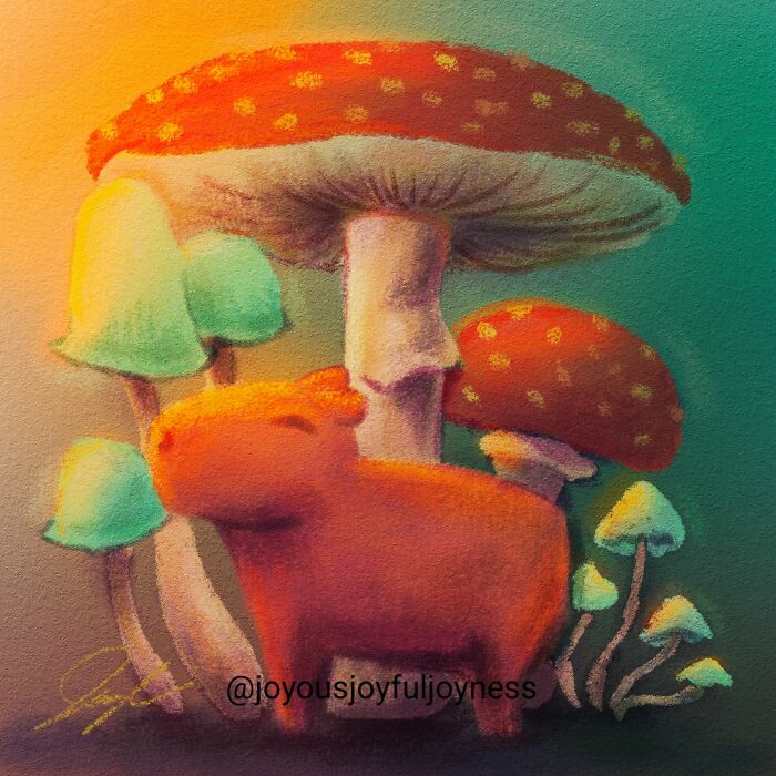 A painting of a relaxed capybara surrounded by colorful mushrooms.