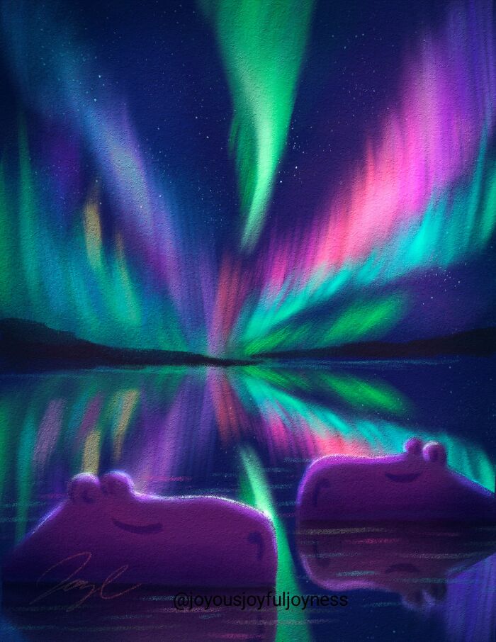 Relaxed capybaras floating under vibrant Northern Lights.