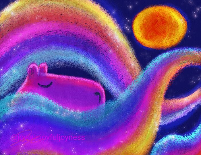 Relaxed capybara painting in vibrant rainbow colors, soothing night scene with a glowing sun.