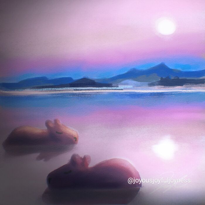 Two relaxed capybaras float peacefully on a serene lake under a pastel sky, capturing a soothing calm atmosphere.