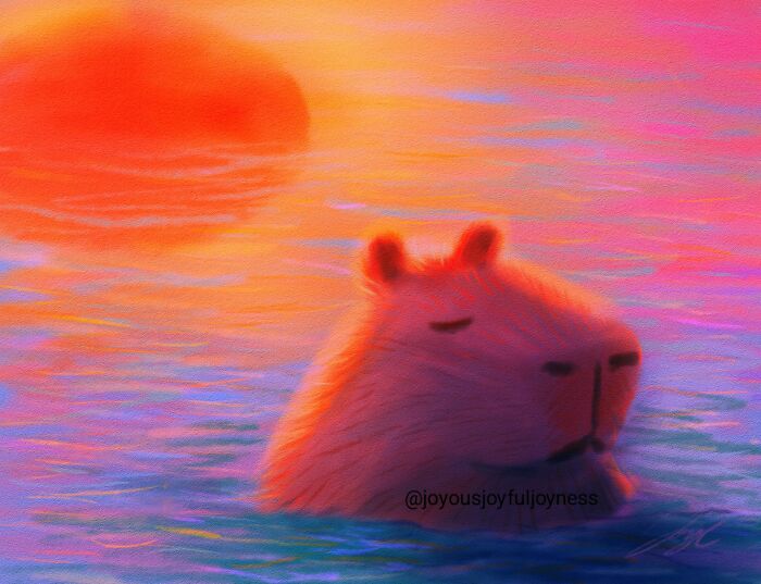 Painting of a relaxed capybara in a colorful sunset over water.