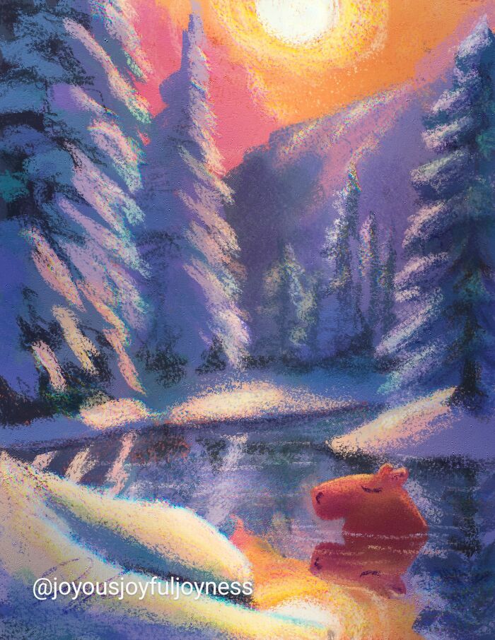 Painting of a relaxed capybara by a serene winter lake with snow-covered trees and a colorful sky.