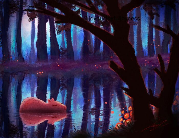 Relaxed capybara painting in a mystical forest scene, reflecting tranquility by the water.