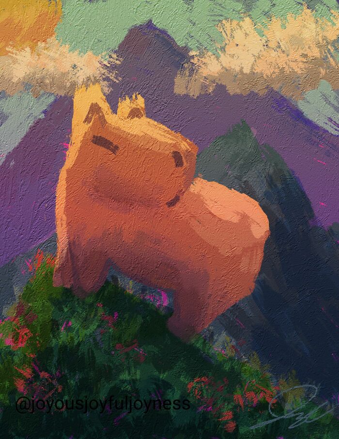 Painting of a relaxed capybara on a colorful mountain backdrop with vibrant clouds and flowers.