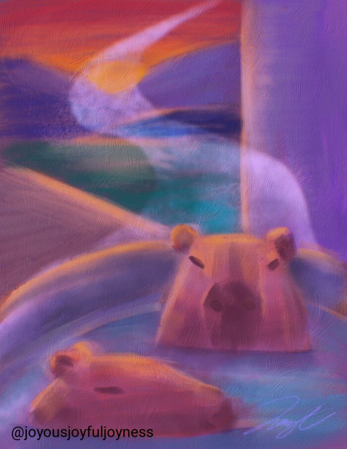 Painting of relaxed capybaras in a serene, colorful landscape.