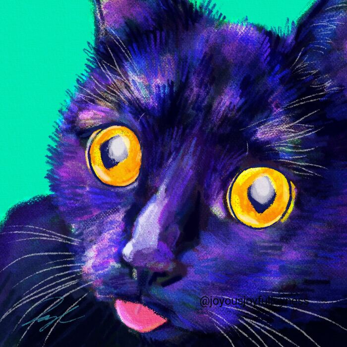 Vibrant close-up painting of a cat with bright yellow eyes and a playful expression.