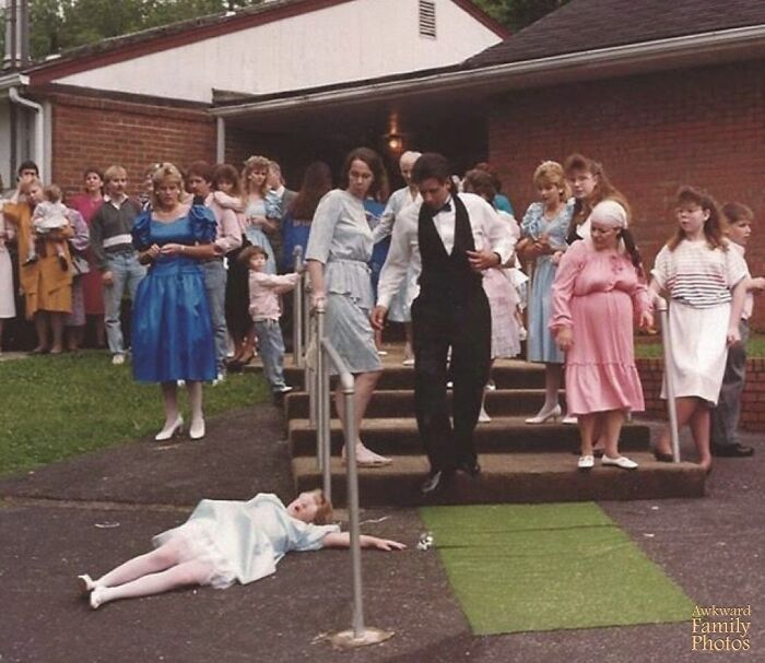 “My Wife Was The Flower Girl For Her Cousin’s Wedding And Decided To Slide Down The Railing While The Bird Seed Was Flying After The Happy Couple Was Married. This Was The Result.”