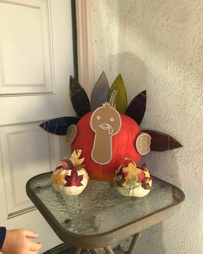 Pumpkin Turkey. Do You Still Have Some Pumpkins On Your Front Door. We Do. We Removed The Halloween Deco And Made A Turkey With Cardboard !