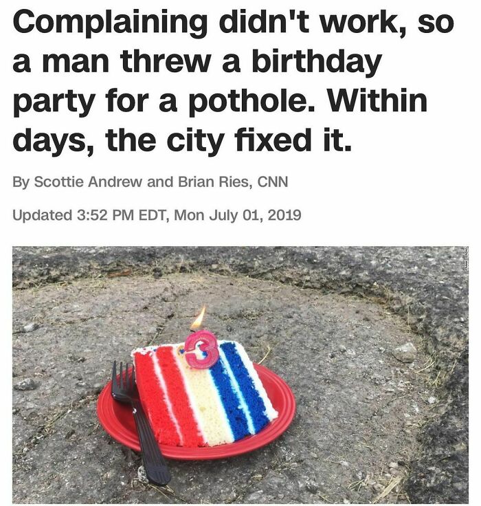 Midwest humor: birthday cake with candle on a pothole, highlighting unique regional culture.