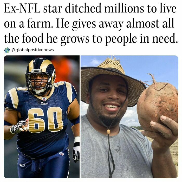 Ex-NFL player turned farmer gives away farm-grown food to those in need, showcasing an uplifting story of generosity.