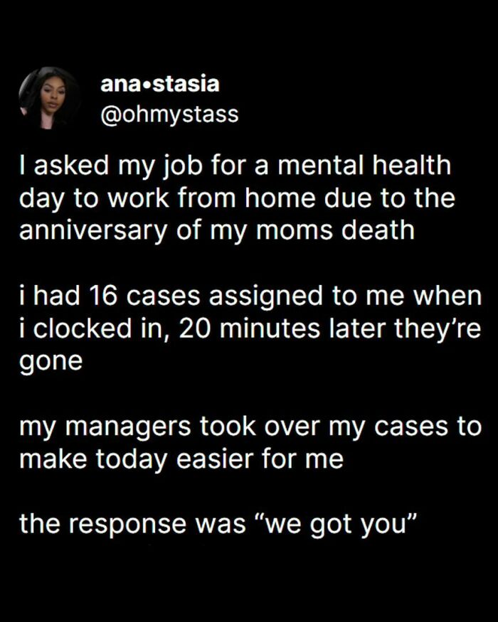 Uplifting story shared on social media about supportive managers easing workload on a difficult day.