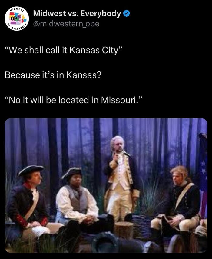 Historical reenactors humorously debate naming Kansas City in the Midwest.