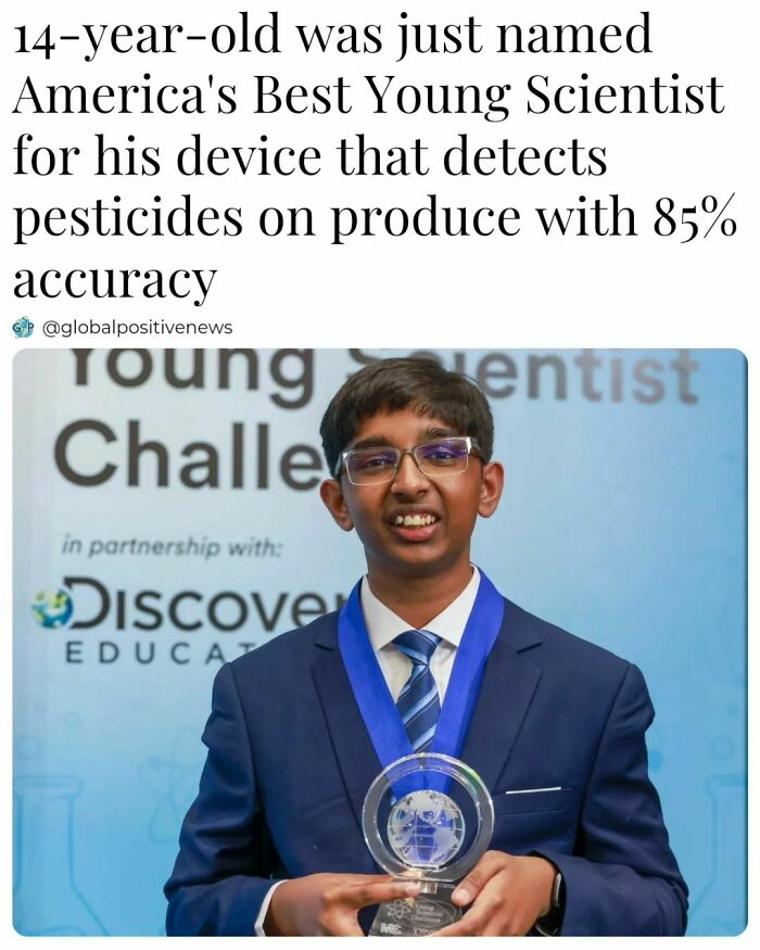 Young scientist awarded for innovative device detecting pesticides with 85% accuracy, showcasing uplifting stories.