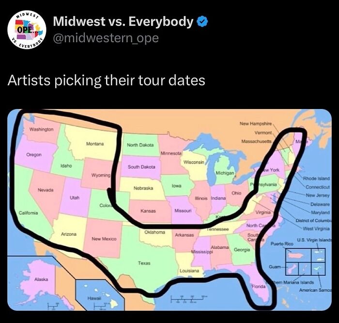 Map humorously depicting the Midwest's unique character with outlined regions.